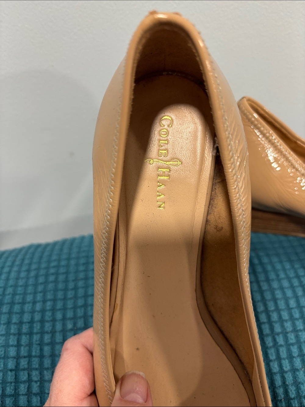 Women’s Cole Haan Tan Patent Peep-Toe Wedge Pumps - Picture 3 of 6